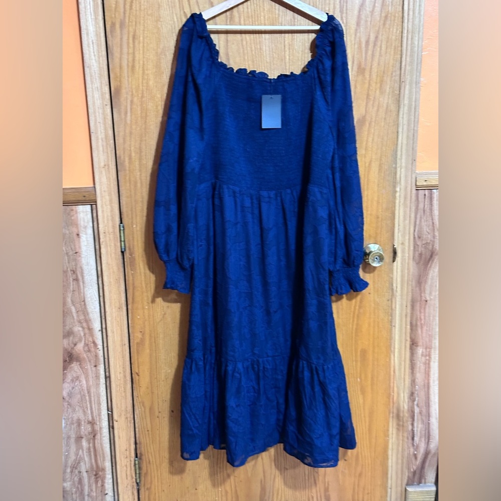 Pinup fashion sz 24w NWT womens navy blue maxi dress‎ smocked ruffled at sleeves